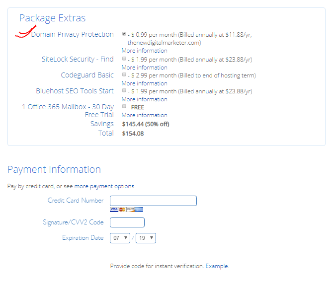 package extras and payment information bluehost for creating blog